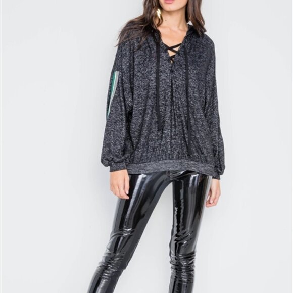 Hummingbird Charcoal Lace Up Long Sleeve Sweater; Lace Up V-neck - Grey / Black - Picture 7 of 9